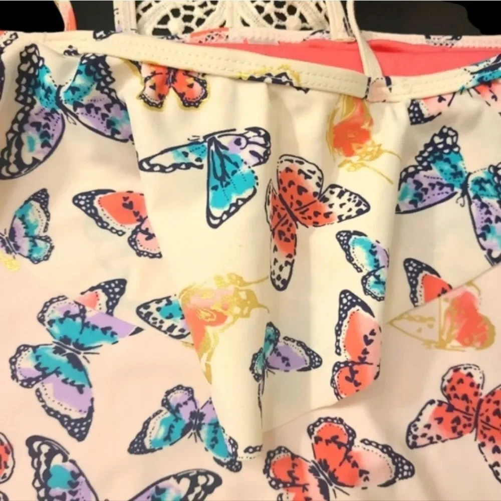 Limited Too Swimsuit 1-Piece Crocheted‎ Butterfly Print Ruffle Girls sz X…